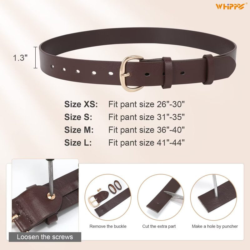 Women Leather Belt for Jeans Pants with Gold Buckle - Coffee, Fits Waist 37-42"