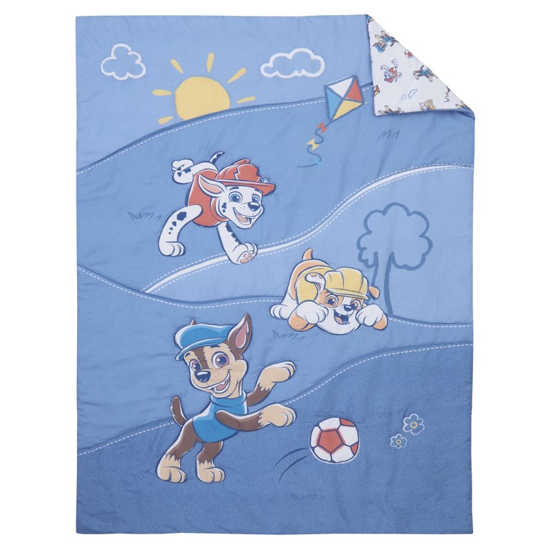 Paw Patrol Toddler Bedding Set - Pups at Play, Reversible Comforter & Pillowcase, Fits Standard Toddler Bed, Blue