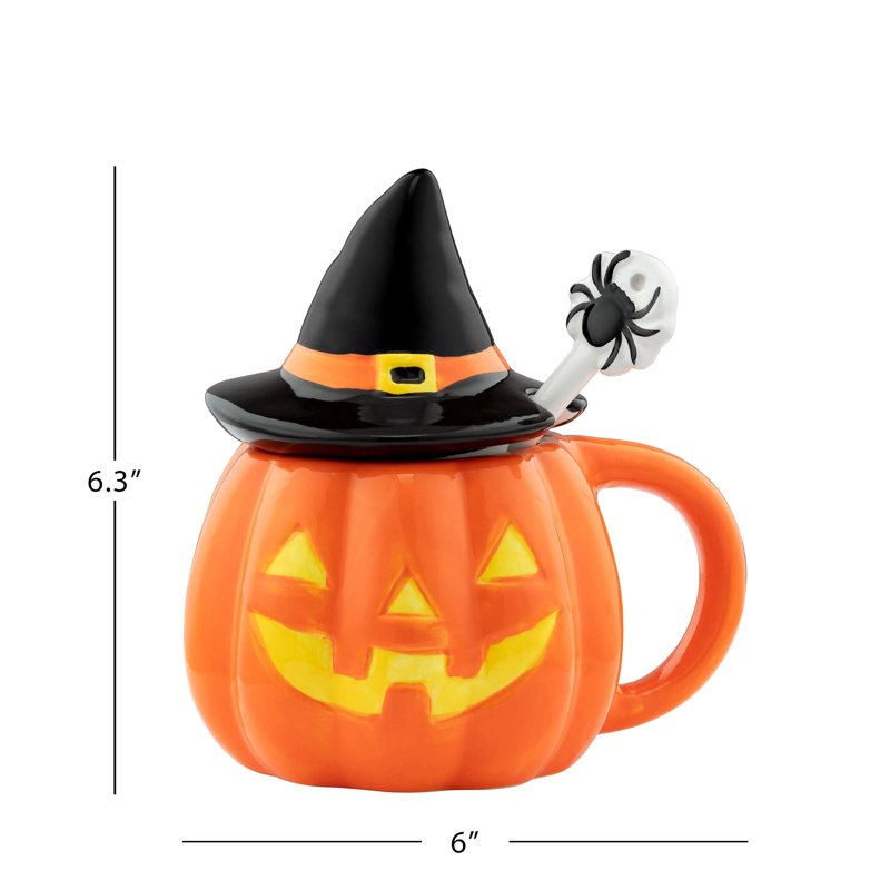 Lidded Jack-O-Lantern Ceramic Mug with Spoon - Halloween Decor, 18oz