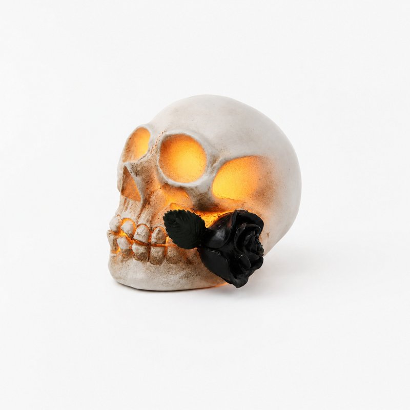 Halloween Skull Rose Lamp - Gothic Resin Nightlight with Warm Glow - Variation #359A