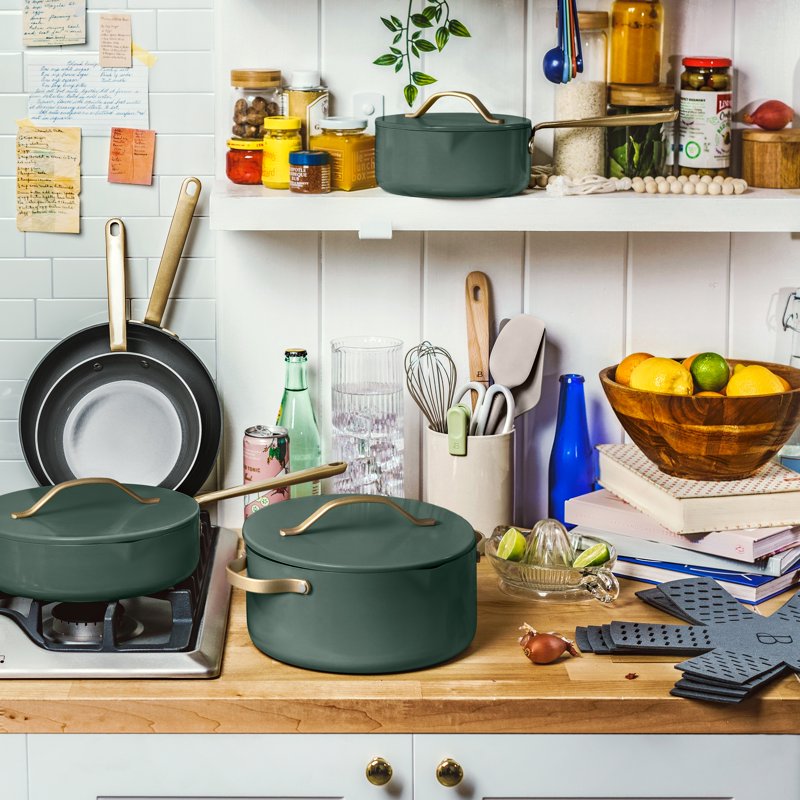 12-Piece Ceramic Nonstick Cookware Set with Strainer Lids - Thyme Green