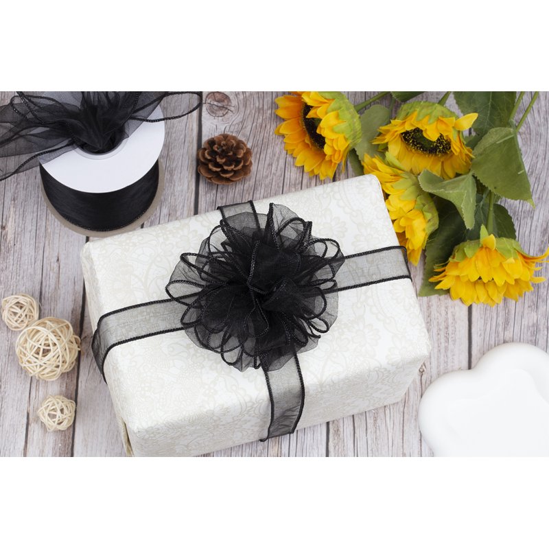 Black Wired Organza Ribbon - 4 Inch x 20 Yards Sheer Decorative Ribbon for Gift Wrapping & Crafts