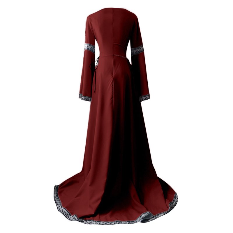 Women Medieval Renaissance Dress Long Sleeve Maxi Gown - Red 5XL