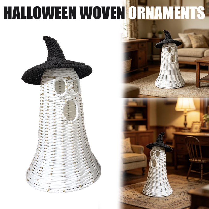 Halloween Ghost with Witch Hat Centerpiece - White Rattan Figurine, 11.8 Inch - Variation B