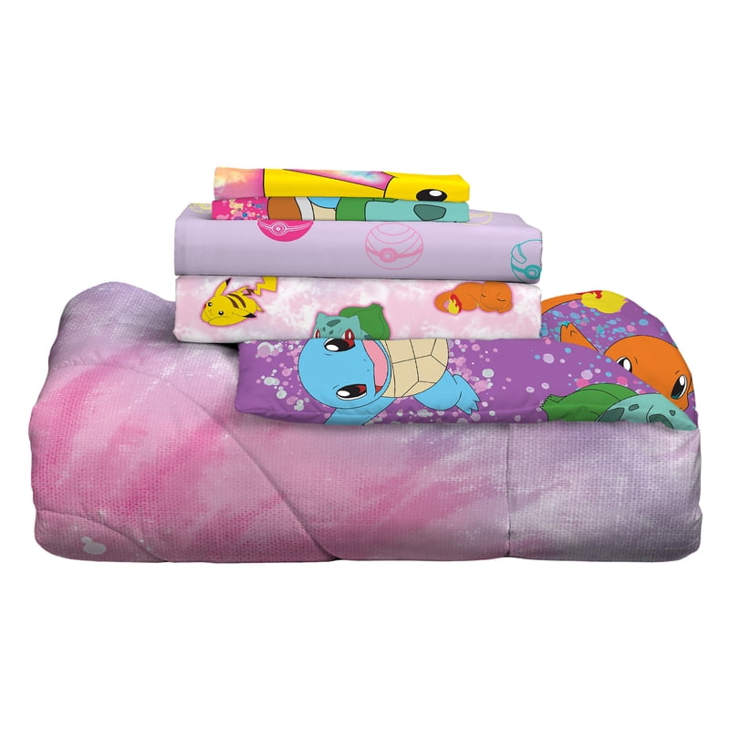 Pokemon Kids Reversible Comforter Bed in a Bag - Full Size, Purple Pink Tie Dye
