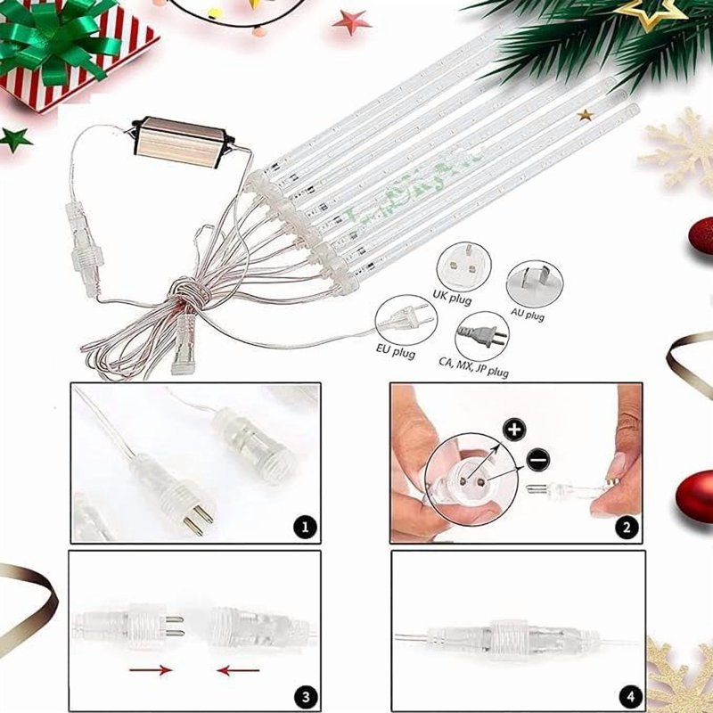 Multicolor LED Outdoor Meteor Rain String Lights 30cm 8 Tubes for Christmas & Parties - Rain Shower Effect