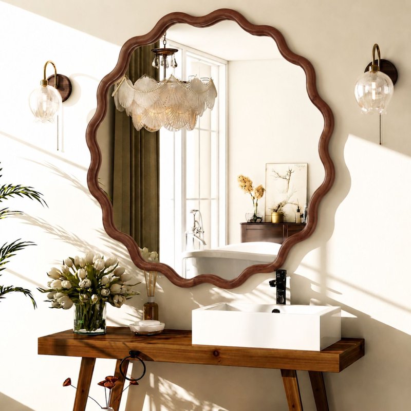 Easy4Home Wavy 30x30 Inch Wall Mirror with Solid Wood Walnut Frame