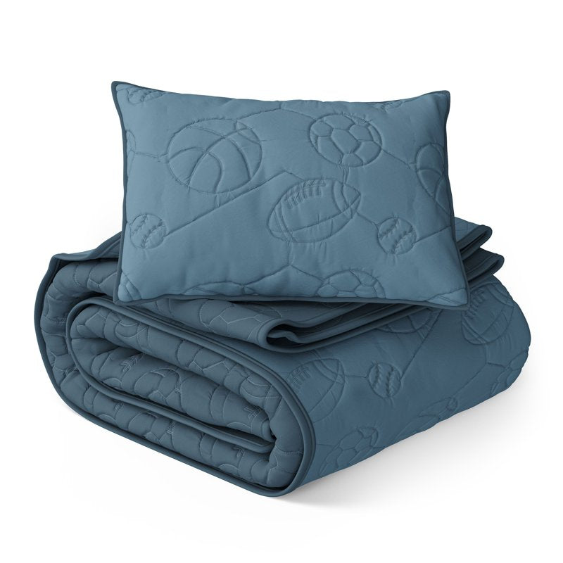 Kids Reversible Twin Quilt Set - Blue and Green Stripe Bedding with Pillow Sham