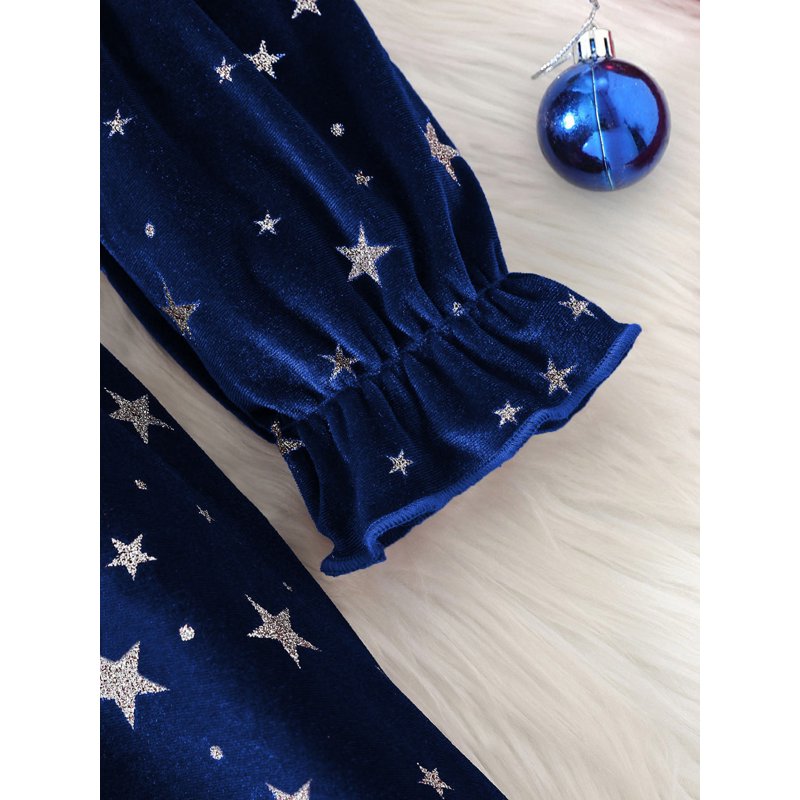 Girls Velvet Star Print Dress with Ruffle Hem & Bow Tie Belt - Size 7-8 Blue Variation Z04-04