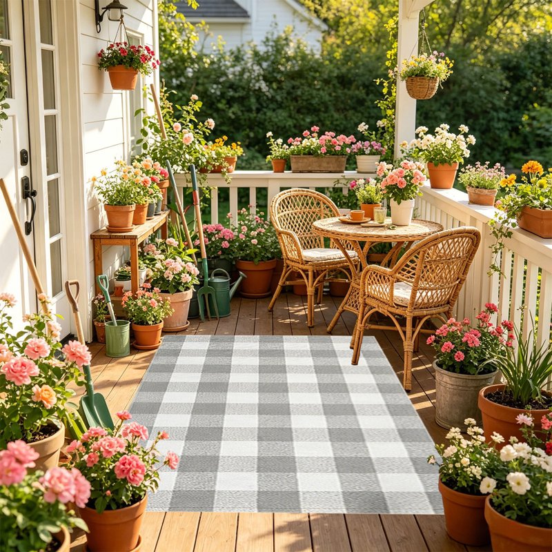 Large Thanksgiving Plaid Doormat - Gray Cotton Blend Layered Entry Rug, 19.6x31.5in