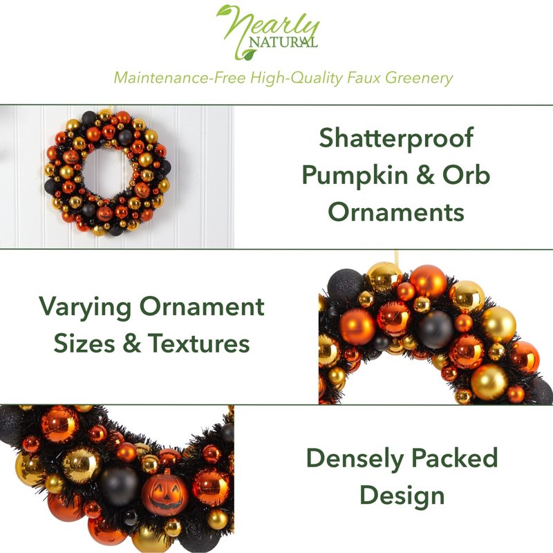 30-Inch Halloween Pumpkin Wreath Shatterproof Jack-o'-Lantern Decor