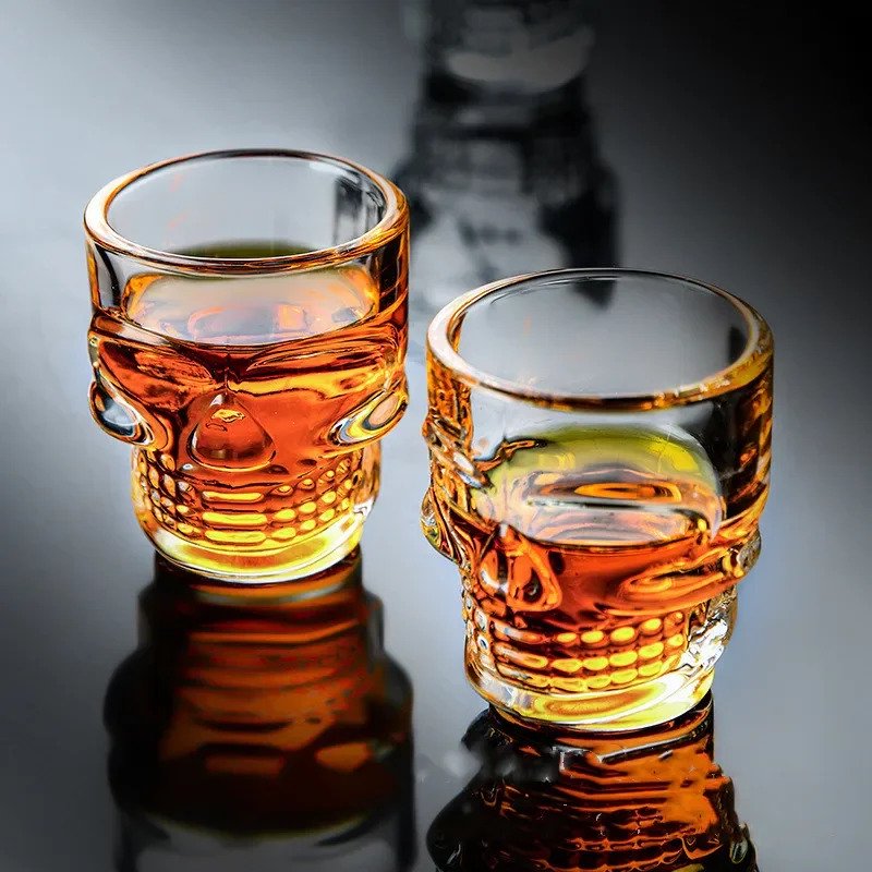 Clear Skull Shot Glasses Set of 6 - 1.75oz Gothic Glassware, Halloween Party Decor