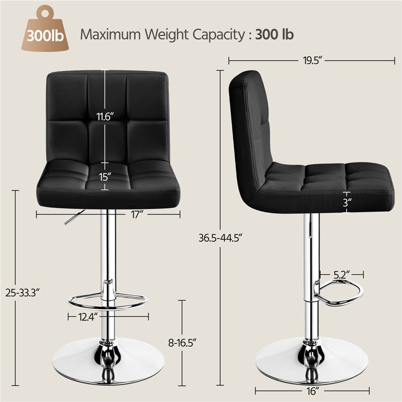 Height Adjustable PU Leather Bar Stool with Backrest - Black