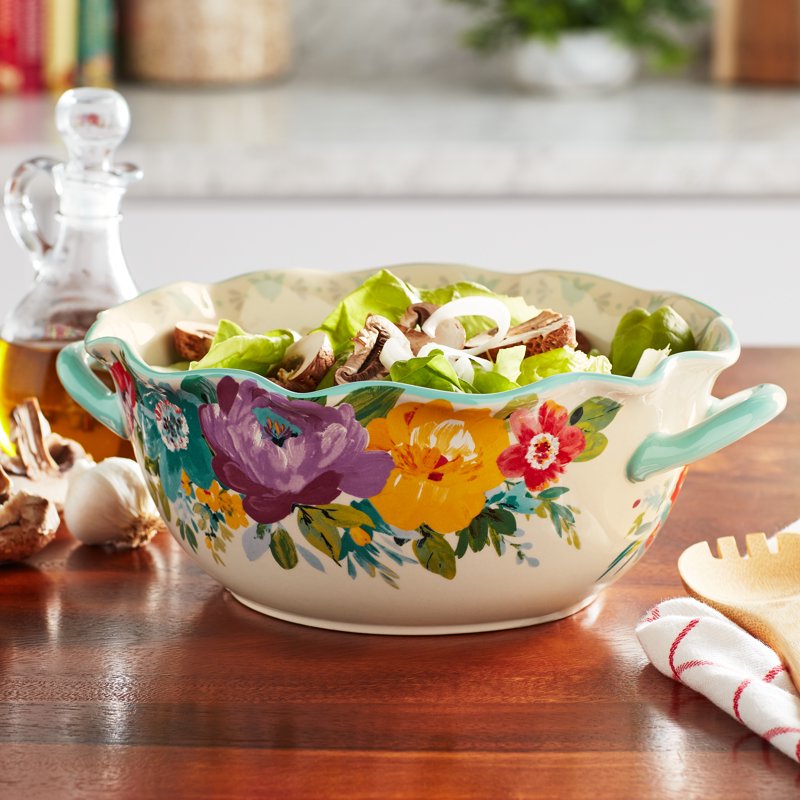 Ceramic Serving Bowl with Handles - Sweet Romance Blossom Design