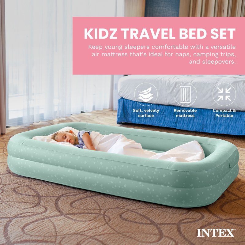 Kids Travel Air Mattress with Raised Sides & Hand Pump - Portable Inflatable Bed