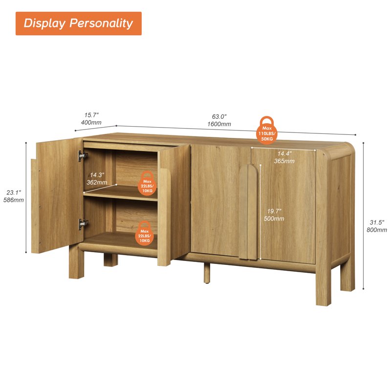 63" Modern Accent Cabinet with Curved Design & Adjustable Shelves - Walnut