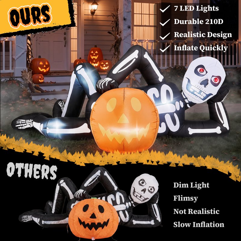 7FT Inflatable Skeleton with Pumpkin - Halloween Yard Decoration with LED Lights