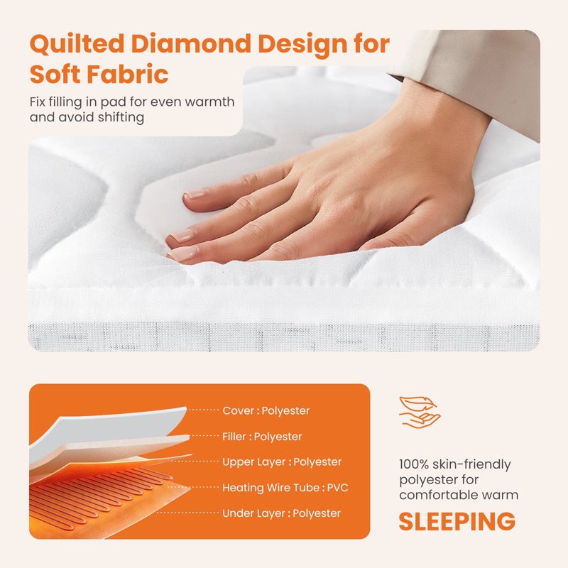 Electric Heated Mattress Pad Queen Size 80x60 with Dual Control & 10 Heat Levels