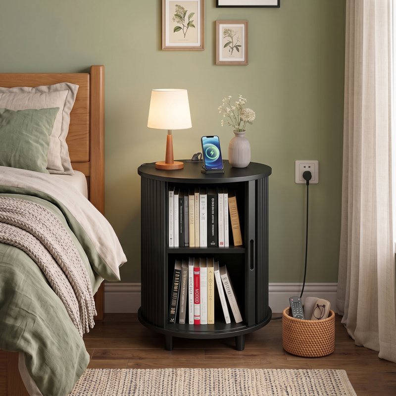 Round End Table with Charging Station & Adjustable Shelf