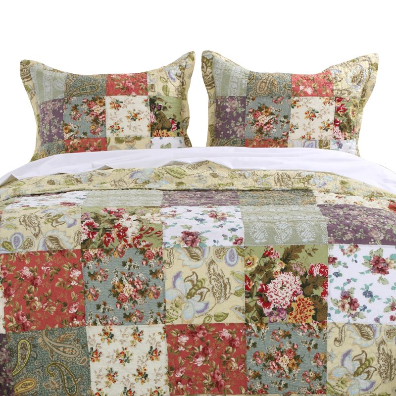 Full/Queen Reversible Cotton Quilt Set with Pillow Shams - Blooming Prairie