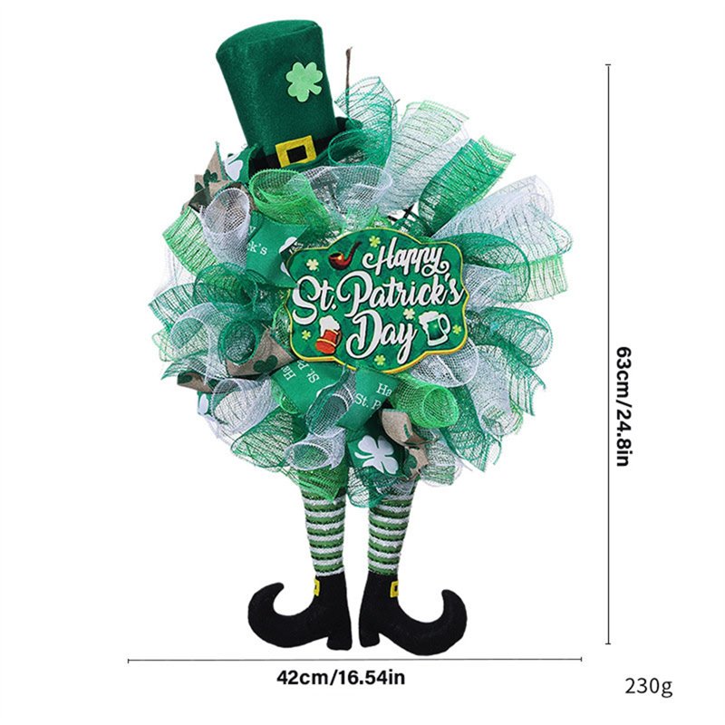 St. Patrick's Day Leprechaun Wreath with Ribbon Front Door Decor - Irish Holiday Wall Hanging
