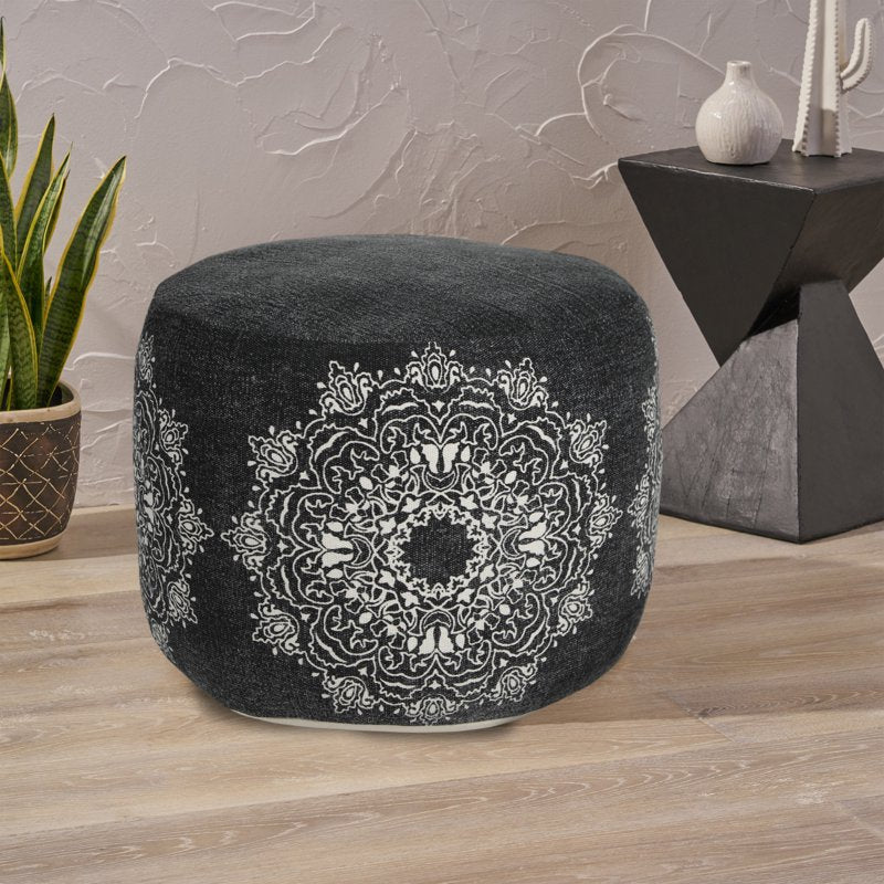 Round Black Medallion Pouf Ottoman - 14 Inch Height, 18 Inch Wide, Versatile Decor
