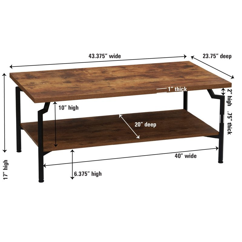 Rustic Coffee Table with Storage Shelf - 2-Tier Design