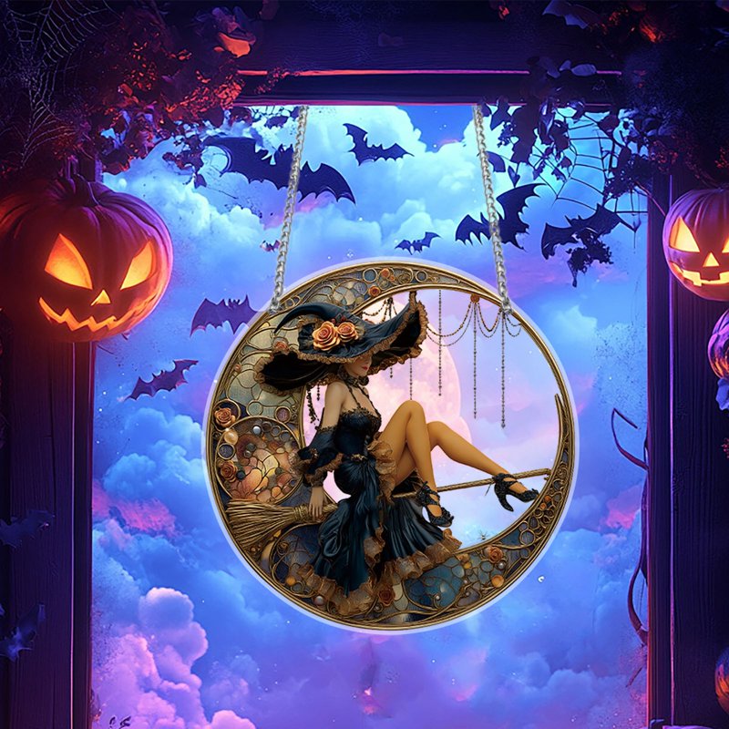 Halloween Witch Acrylic Suncatcher Window Hanging with Crystal Pendant - Decor_O