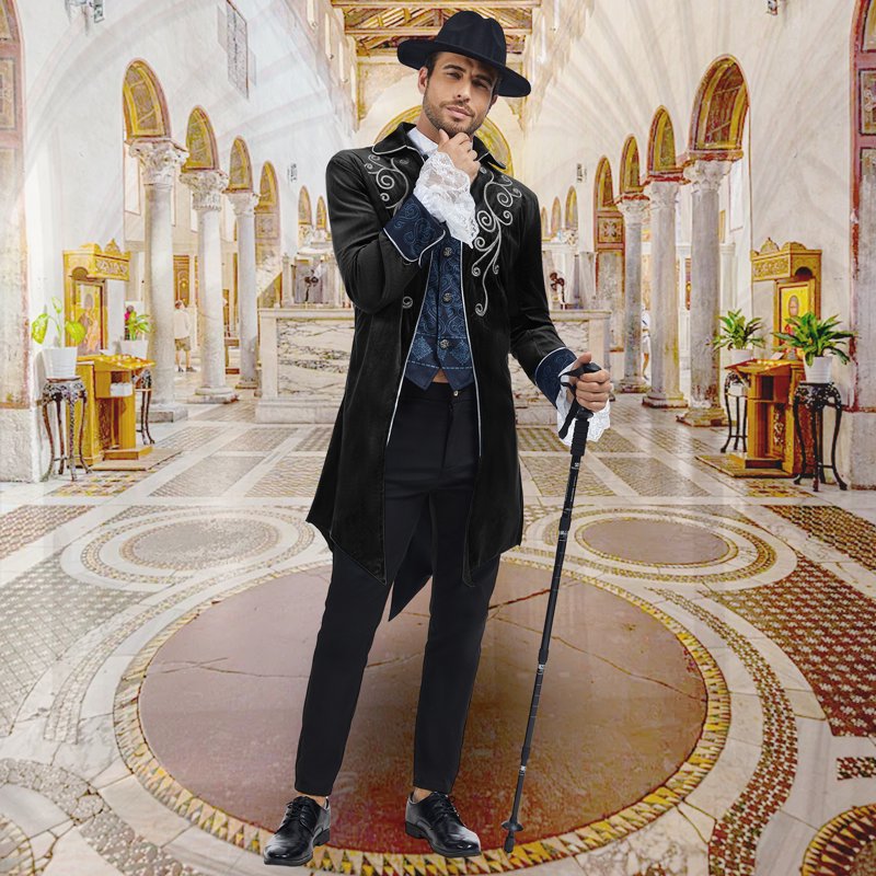 Men's Medieval Steampunk Tailcoat Gothic Victorian Frock Coat for Halloween & Cosplay - Black, S