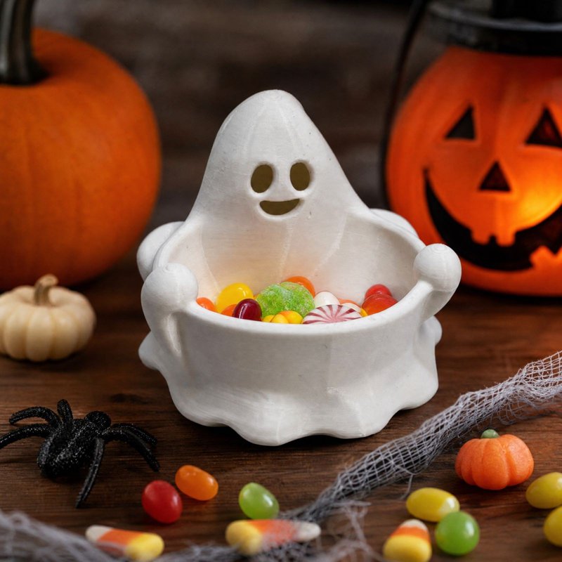 Ghost Candy Bowl - Cute Smiling Ghost Resin Halloween Snack Dish with Hands - Variation #012