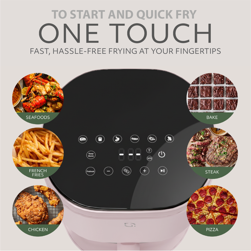 5Qt Glass Air Fryer - Shell Pink, Non-Toxic with Touch Screen & 5 Presets