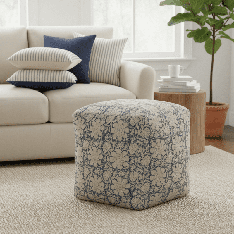 Medium Floral Indoor Square Pouf - Beige & Blue, 20x20x20 Inches - Handmade Geometric Design