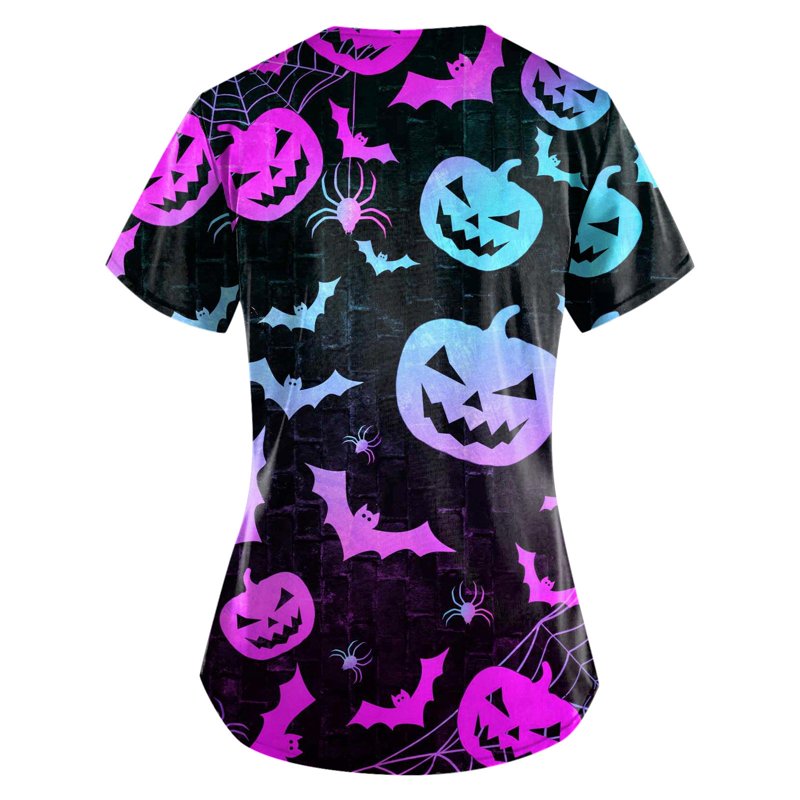 Women's Halloween Pumpkin-Headed Bat Print Scrub Top - Plus Size, M, Black