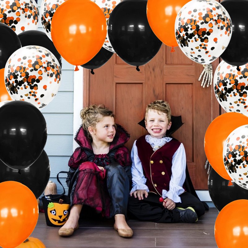 Halloween Confetti Balloons Set - Black, Orange, White 12 Inch Latex & Foil Decor
