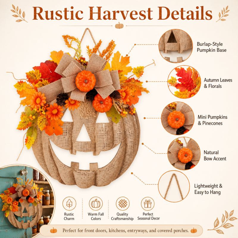 Lighted Burlap Pumpkin Wreath with Remote Control - Fall Door Decor with 8 Light Modes