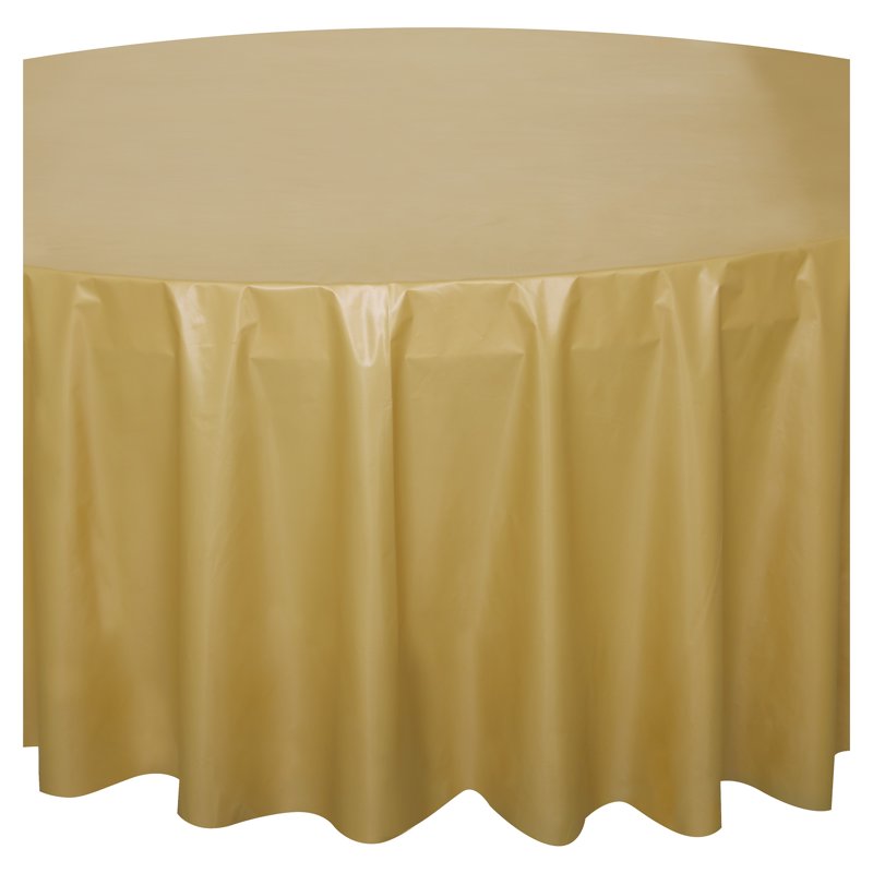 Gold Round Plastic Table Cover - 84 Inch, 6 Pack