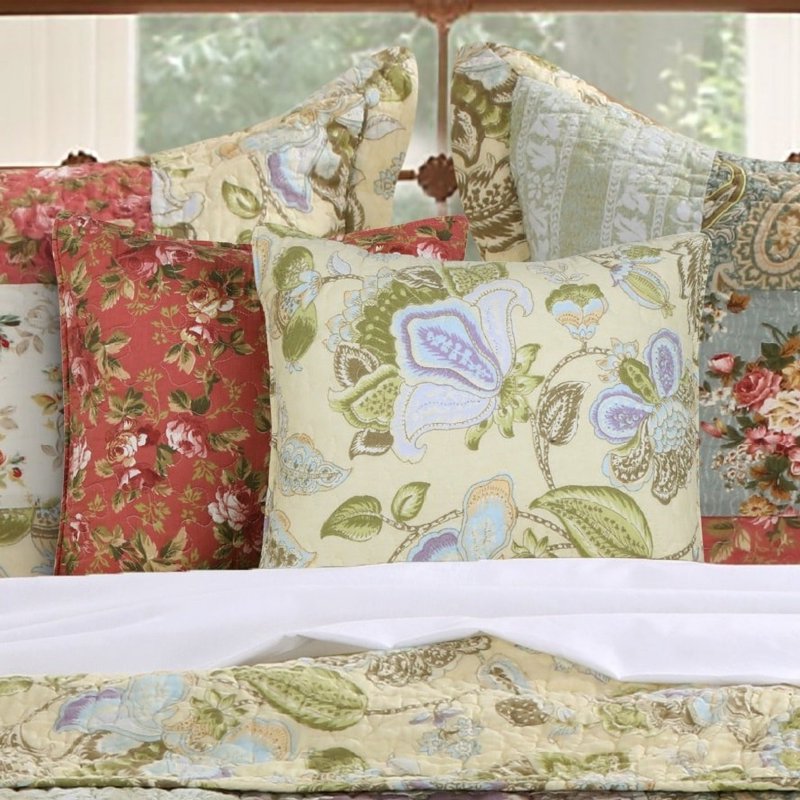 Decorative Accent Pillows Set of 2 - Blooming Prairie Cotton Quilted Cushions