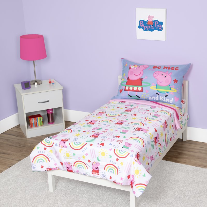 Toddler Bedding Set with Plush Blanket - Peppa Pig Reversible Comforter & Sheets