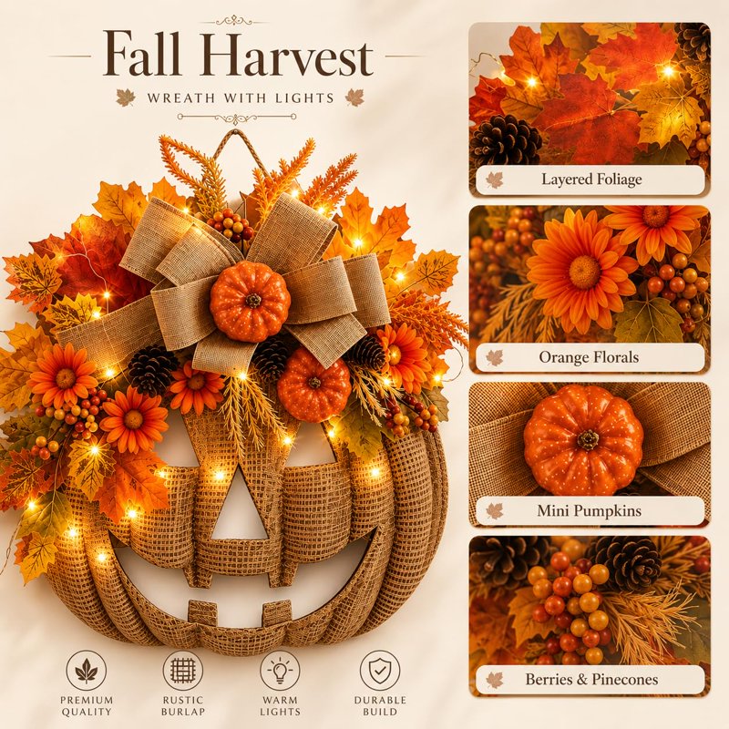 Lighted Burlap Pumpkin Wreath - 13.78-Inch Fall Door Decor with LED Fairy Lights