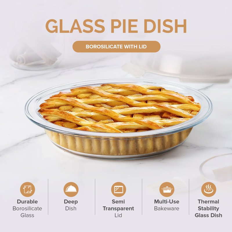9-Inch Glass Pie Dish with Lid - BPA-Free Borosilicate, Microwave & Dishwasher Safe