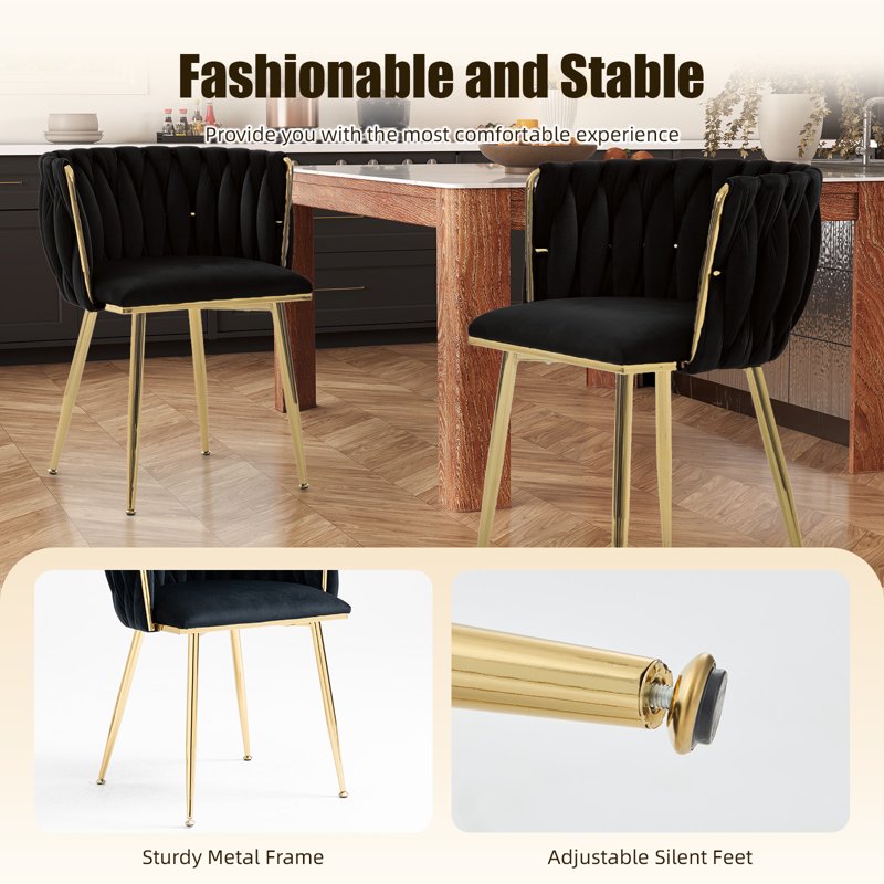 Velvet Dining Chairs Set of 6 with Metal Legs - Black