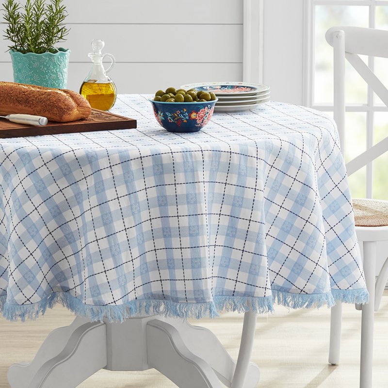Daisy Woven Fabric Tablecloth - Blue, 70 in Round