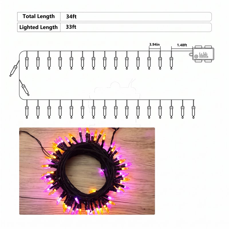 Halloween String Lights 33ft 100 LED Waterproof Indoor Outdoor Lights with 8 Modes - Orange & Purple