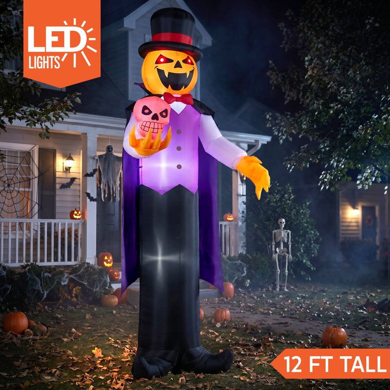 Giant Halloween Inflatable Pumpkin Ghost Vampire with LED Lights - 12 ft Yard Decor