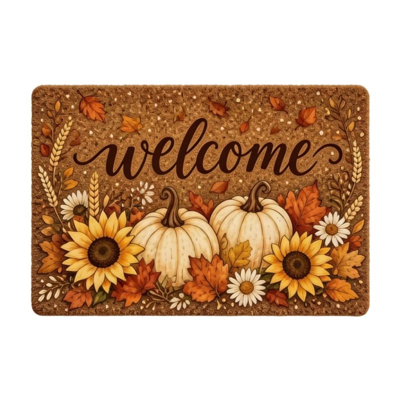 Fall Welcome Doormat with Pumpkin & Maple Leaves - Multicolor 001 - 16x24 Inch Outdoor & Indoor Rug