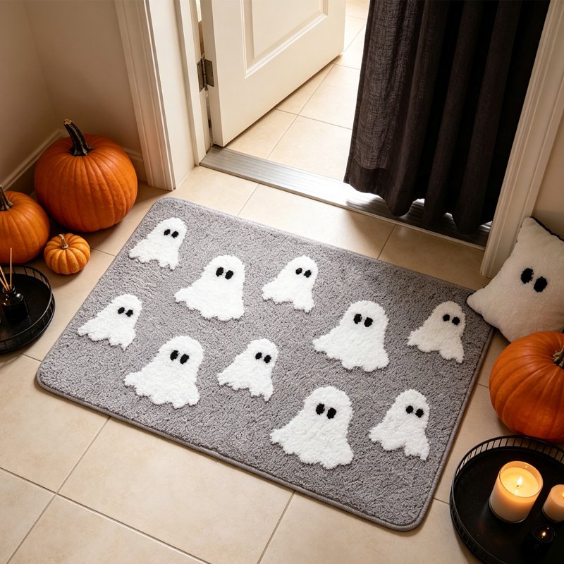 Halloween Ghost Bath Mat 23.6x15.7in Faux Fur Rug with Secure Grip - Gray Variation 01