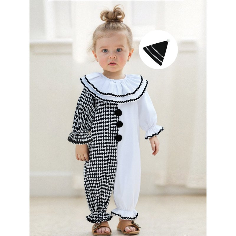 Kids Toddler Clown Costume Romper & Hat Set - White Black, 6-12 Months