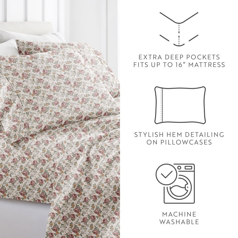 King Floral Microfiber Bed Sheets Set - 4 Piece Pattern Microfiber Bedding