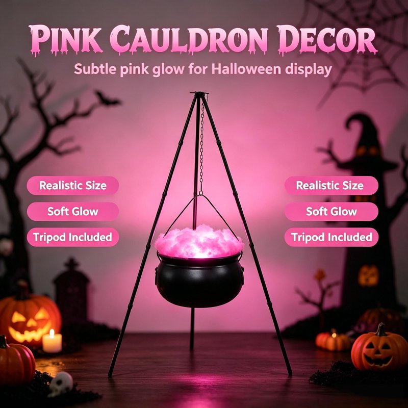 Pink Halloween Cauldron with Tripod & Timer Lights - Outdoor Yard Decor, 30.4" x 7.8" - Pink Variation