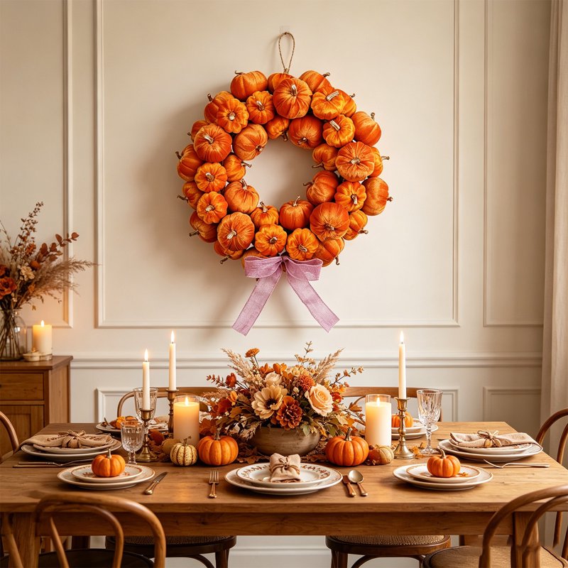 Artificial Fall Pumpkin Wreath with Bow - Orange Harvest Front Door Decor